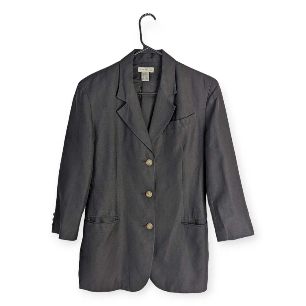 Vintage Ann Taylor Black Linen Blend Single Breasted Blazer Size 4 Career Office